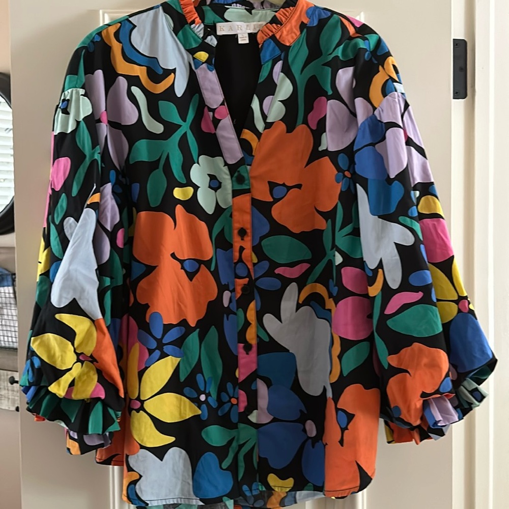 Karlie black/multi floral poplin neck puff sleeve top